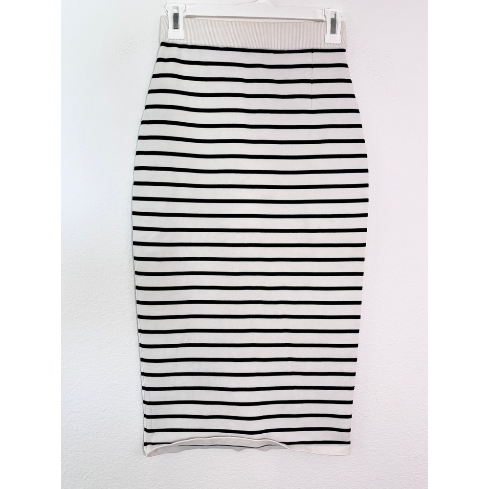 Forever 21 Womens Small Striped Knit Midi Pencil Skirt Black Cream Bodycon